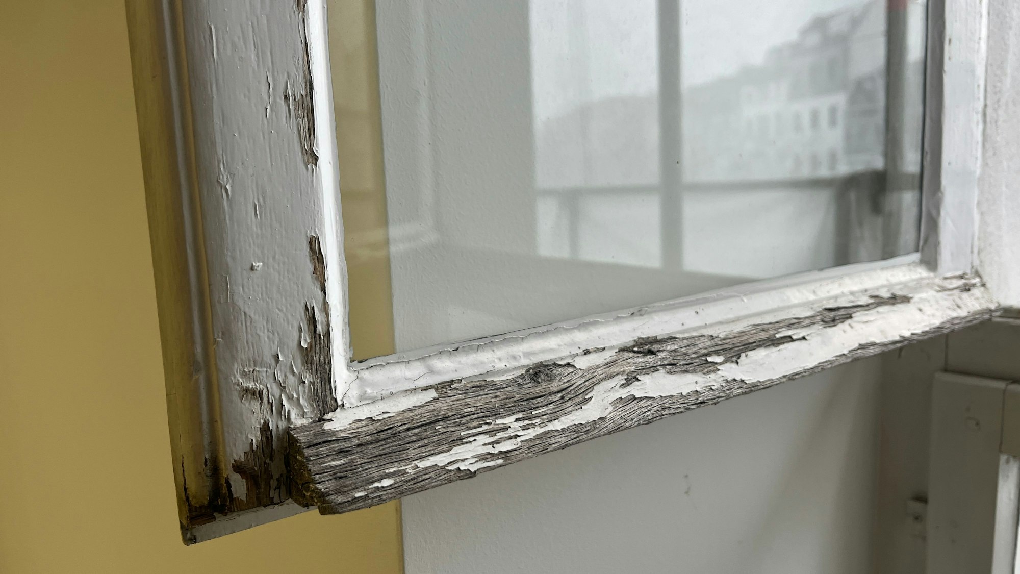Vom Holzrahmen eines historischen Fensters platzt der Lack ab.