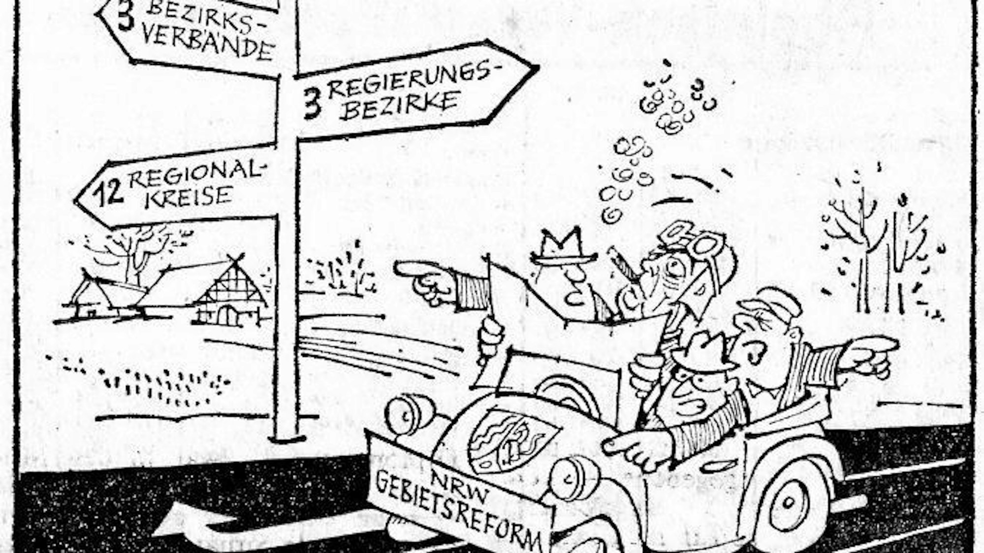 Man sieht ein Auto mit Männern, die ratlos vor einem Wegweiser stehen, der auf Bezirksverbände, Regierungsbezirke und Regionalkreise verweist.