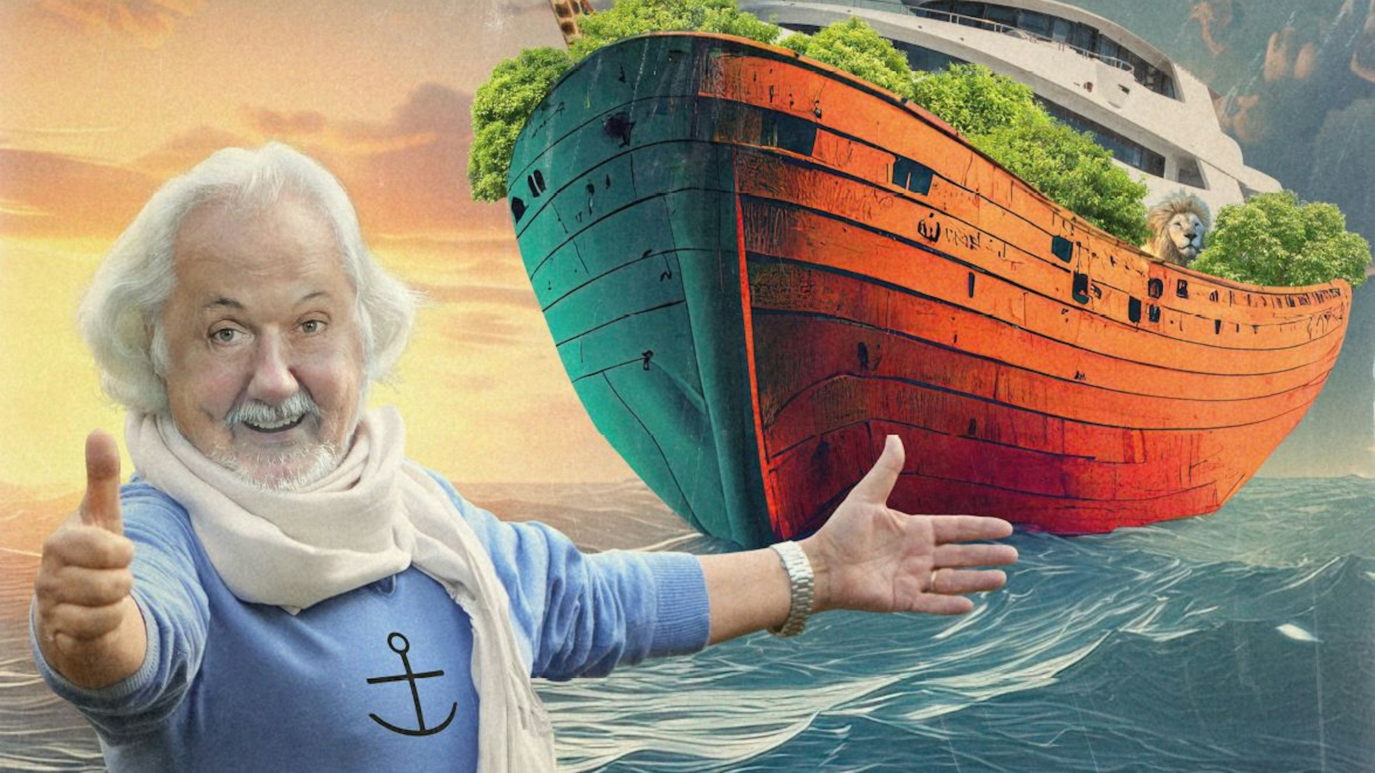 Kabarettist Konrad Beikircher steht vor einer Arche Noah.