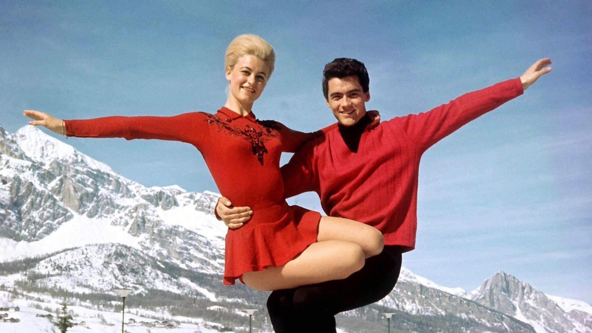 Das einstige Eiskunstlauf-Traumpaar Marika Kilius und Hans-Jürgen Bäumler beim Training in Cortina d'Ampezzo.