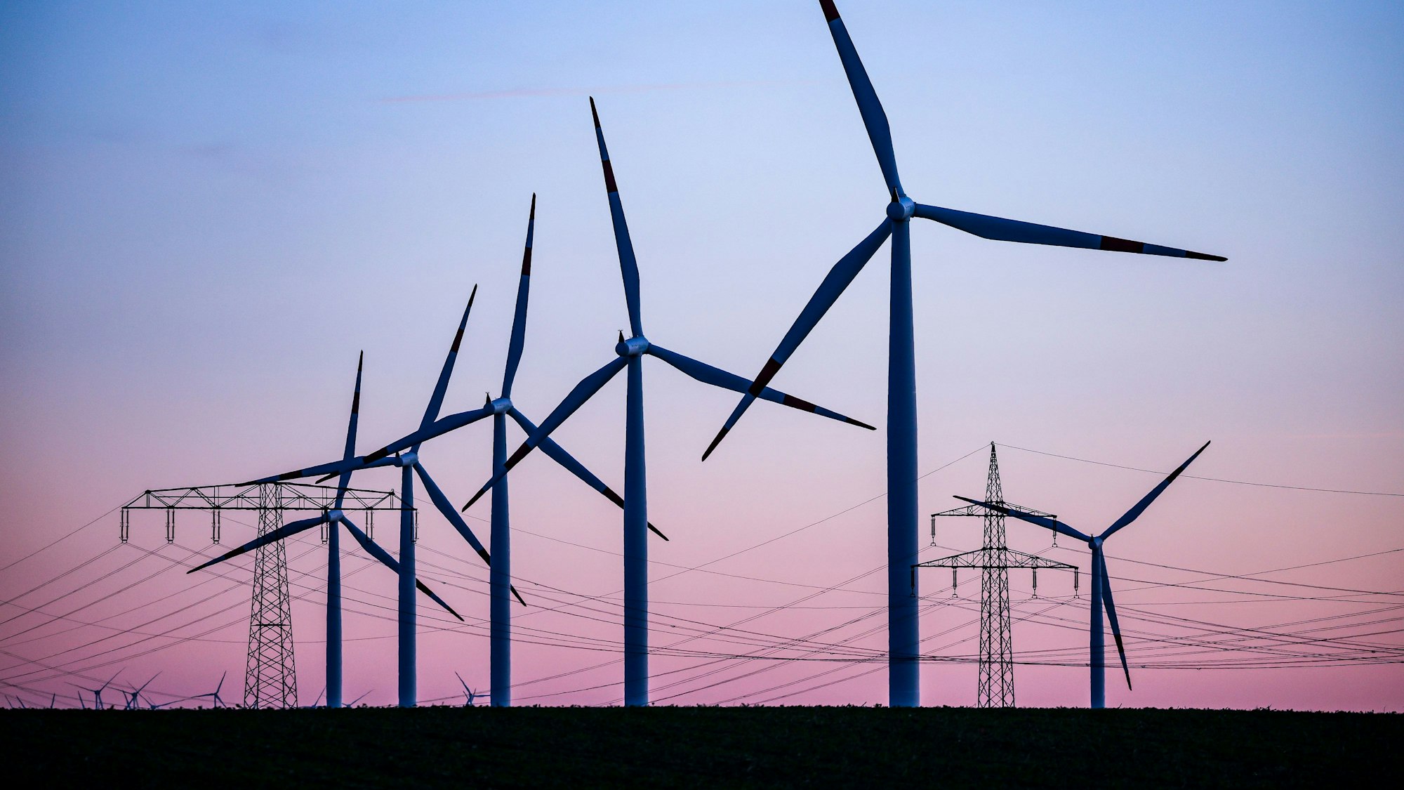 Windkraftanlagen und Hochspannungsleitungen sind vor dem Abendhimmel zu sehen.