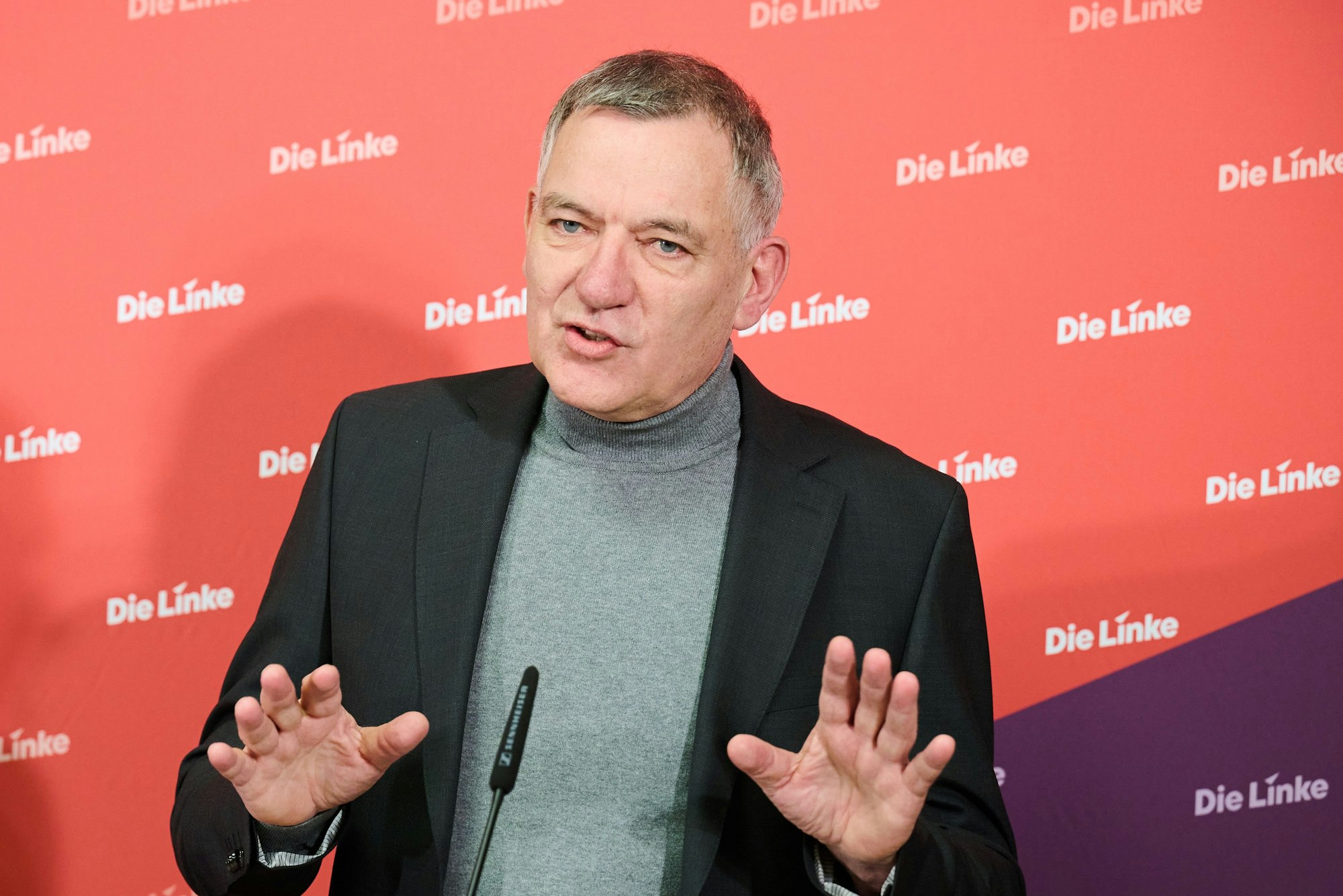 06.01.2025, Berlin: Jan van Aken, Vorsitzender der Linken, gibt im Karl-Liebknecht-Haus ein Statement ab. Foto: Annette Riedl/dpa +++ dpa-Bildfunk +++