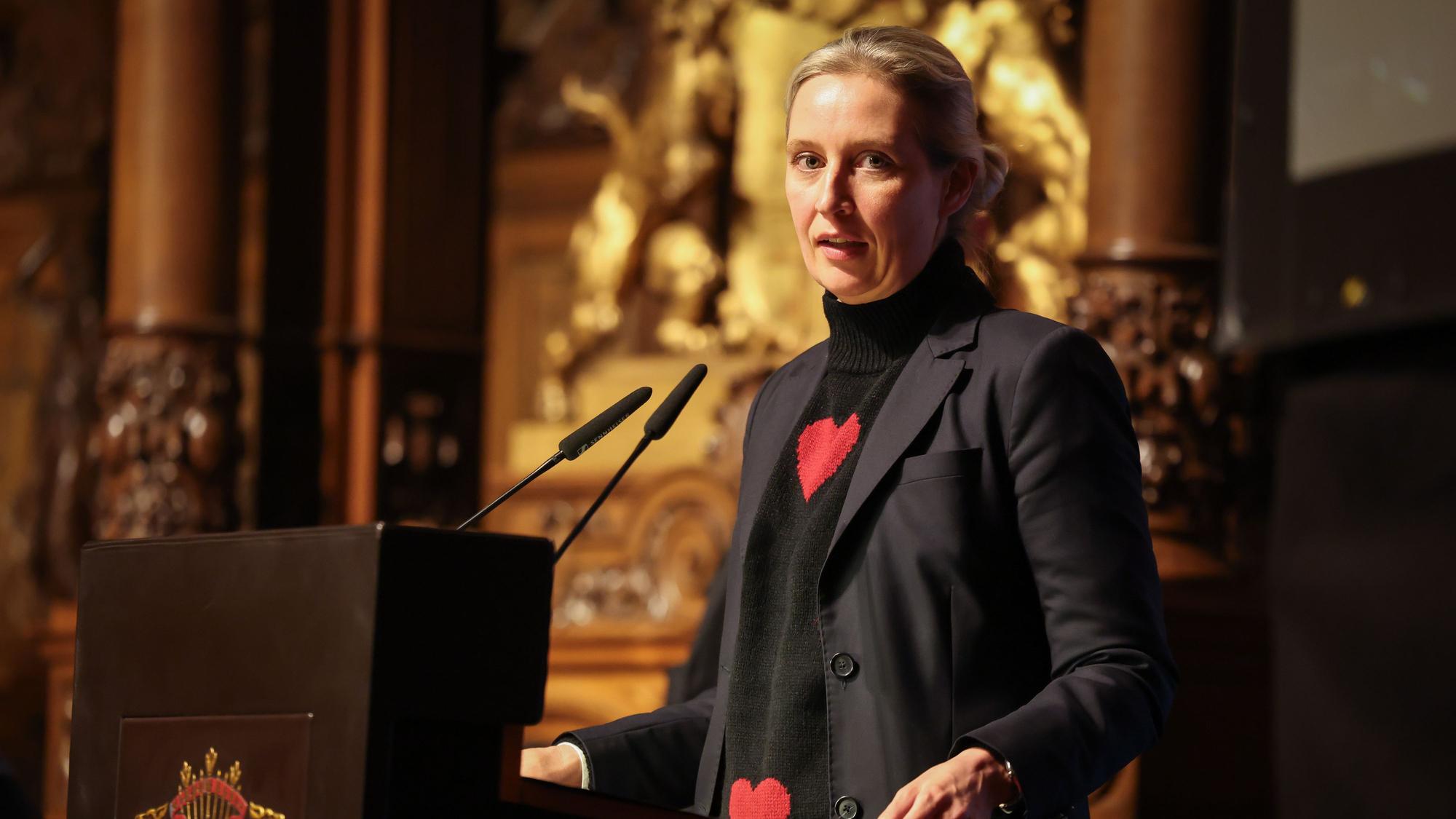 Alice Weidel, Fraktionsvorsitzende, Parteivorsitzende und Kanzlerkandidatin der AfD, spricht bei der Veranstaltung „Fraktion im Dialog“ im Rathaus in Hamburg.