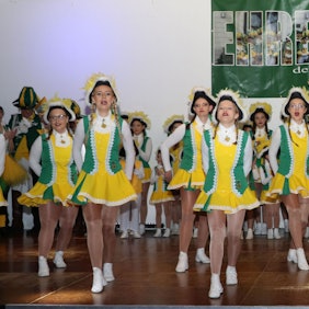 Zu sehen sind Tänzerinnen einer Karnevalsgesellschaft in grün-gelben Gardeuniformen.