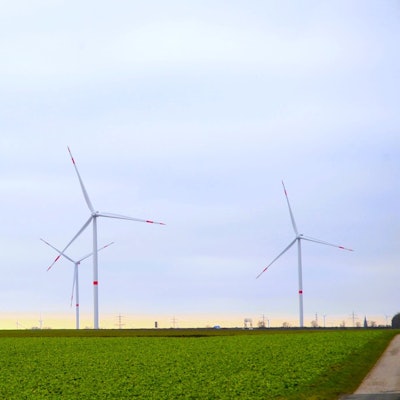 Zu sehen sind vier Windräder auf einer Wiese.
