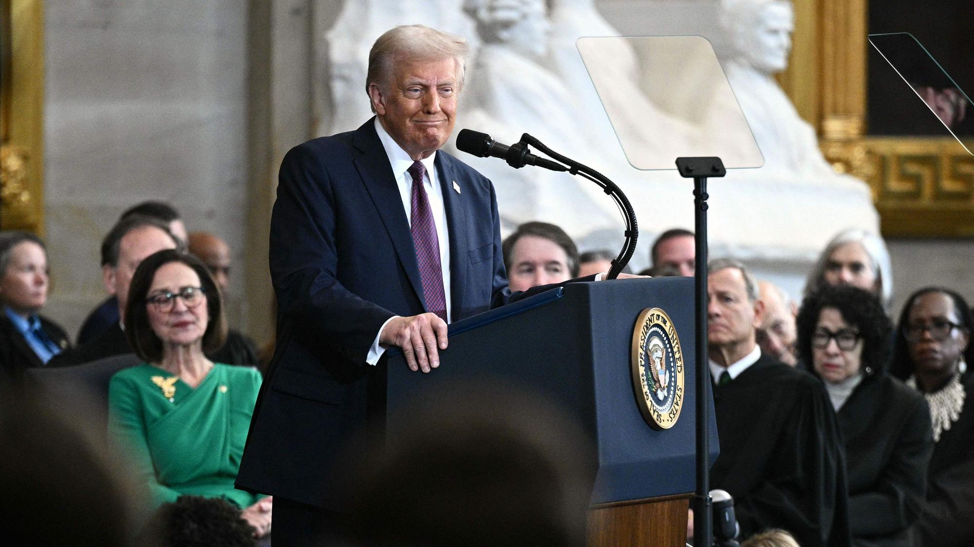 US President Donald Trump delivers his inaugural address after being sworn in as the the 47th president of the United States in the Rotunda of the US Capitol on January 20, 2025 in Washington, DC. (Photo by Brendan SMIALOWSKI / AFP)