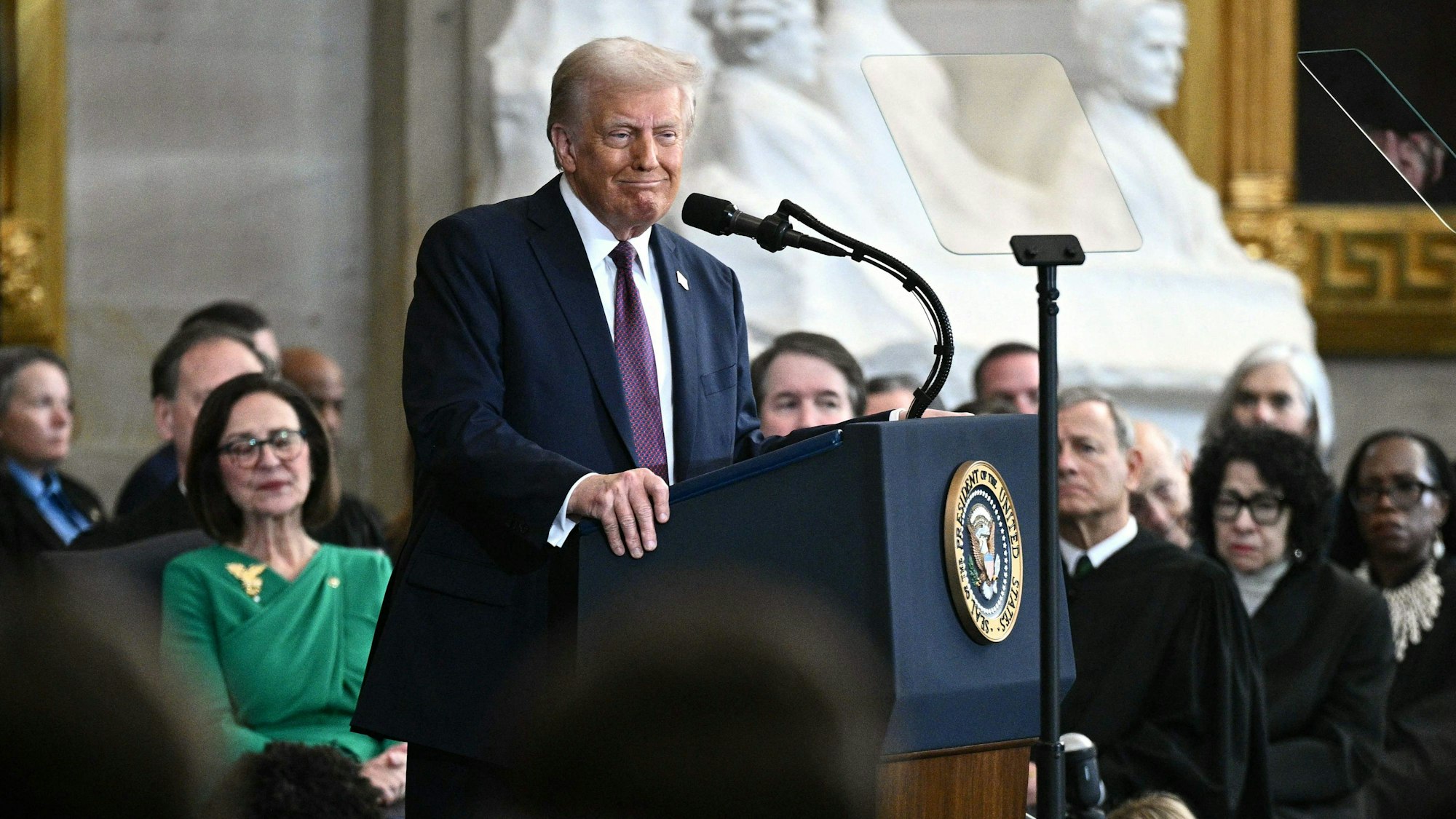 US President Donald Trump delivers his inaugural address after being sworn in as the the 47th president of the United States in the Rotunda of the US Capitol on January 20, 2025 in Washington, DC. (Photo by Brendan SMIALOWSKI / AFP)
