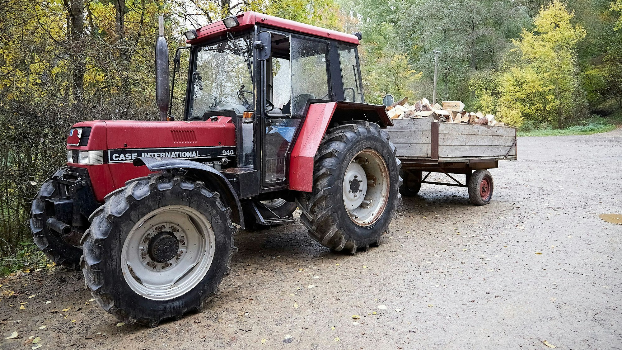 Ein älterer, roter Traktor steht im November 2023 mit einer Fuhre Holz auf einem Waldweg.