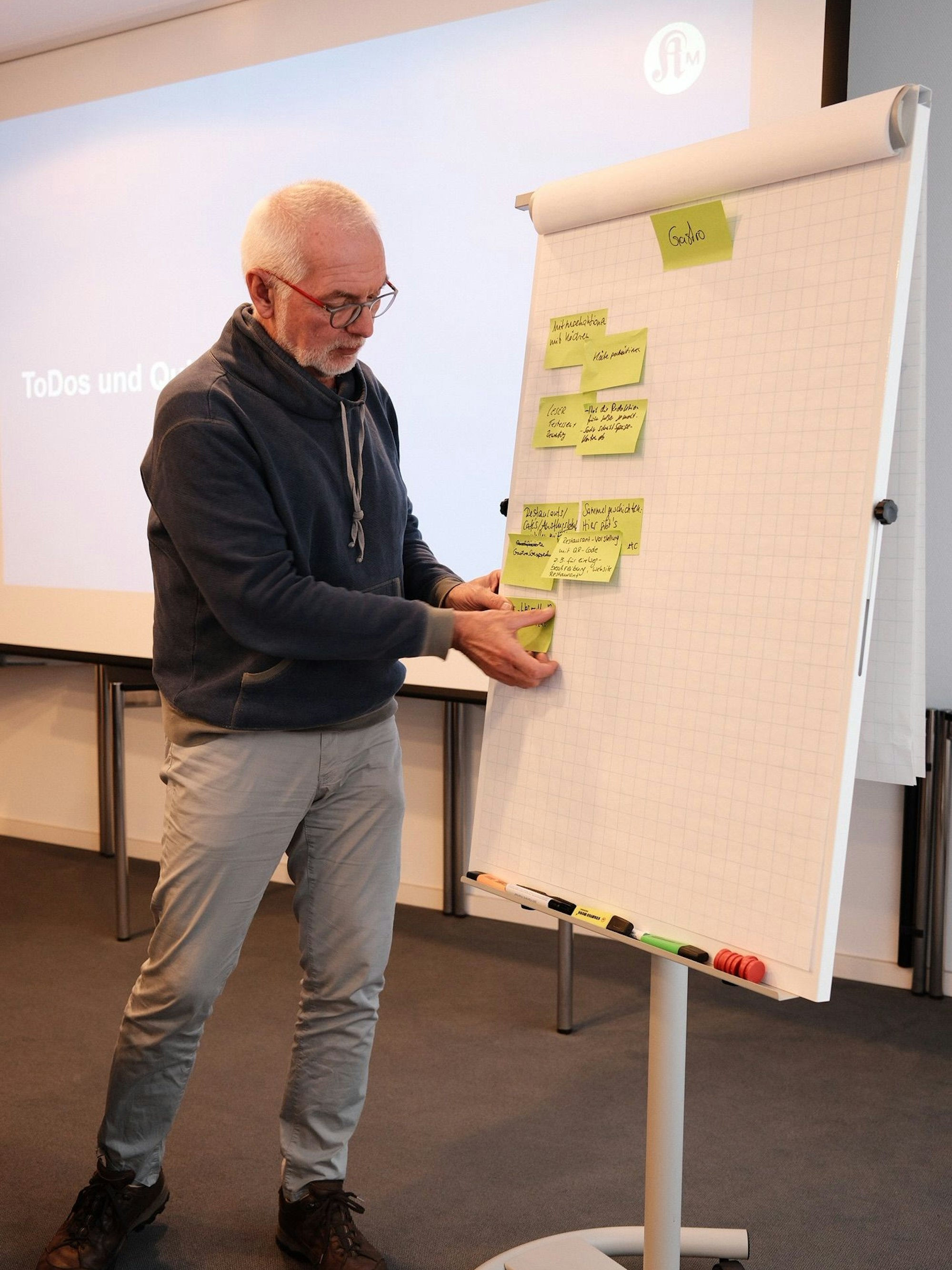 Ein Mann steht an einer Flipchart mit bunten Klebezetteln.