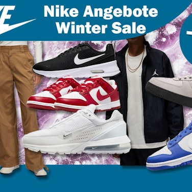 Nike Sneaker wie Air Force 1, Dunk Low, Air Max Pulse, Dunk High. Dazu Jordan Essentials Jacke, Jordan Chicago Damenhose im Nike Winter Sale vor Eisfläche.