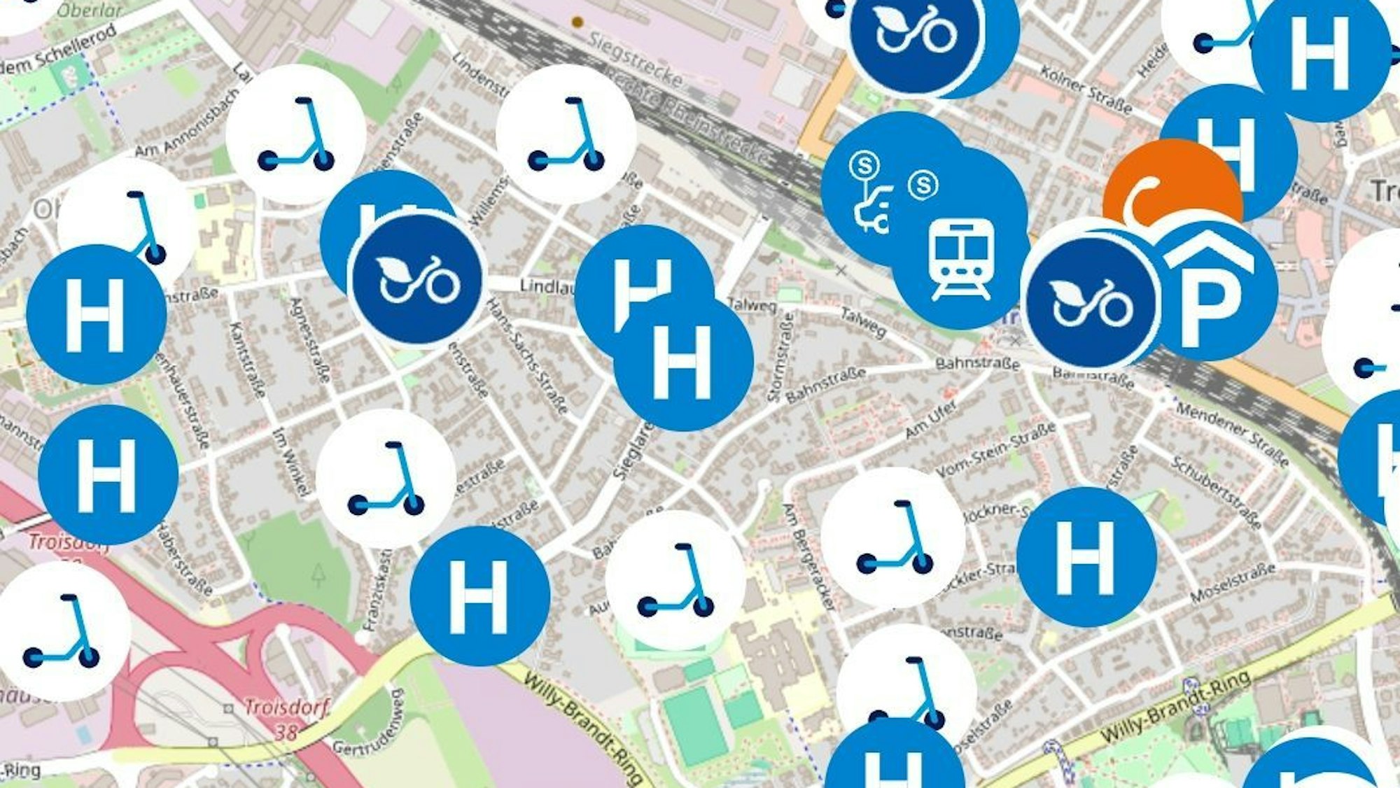 Ein Stadtplan mit der Einblendung einer Vielzahl von Logos für Fahrräder, Haltestellen und Leihroller.