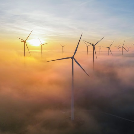 Die Morgensonne leuchtet über dem Nebel zwischen Windenergieanlagen im östlichen Brandenburg (Luftaufnahme mit einer Drohne).