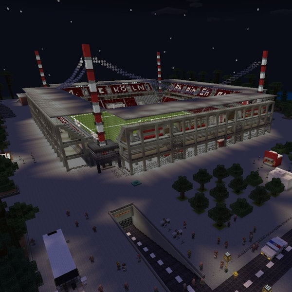 Das Rhein-Energie-Stadion, in Minecraft nachgebaut, bei Nacht.