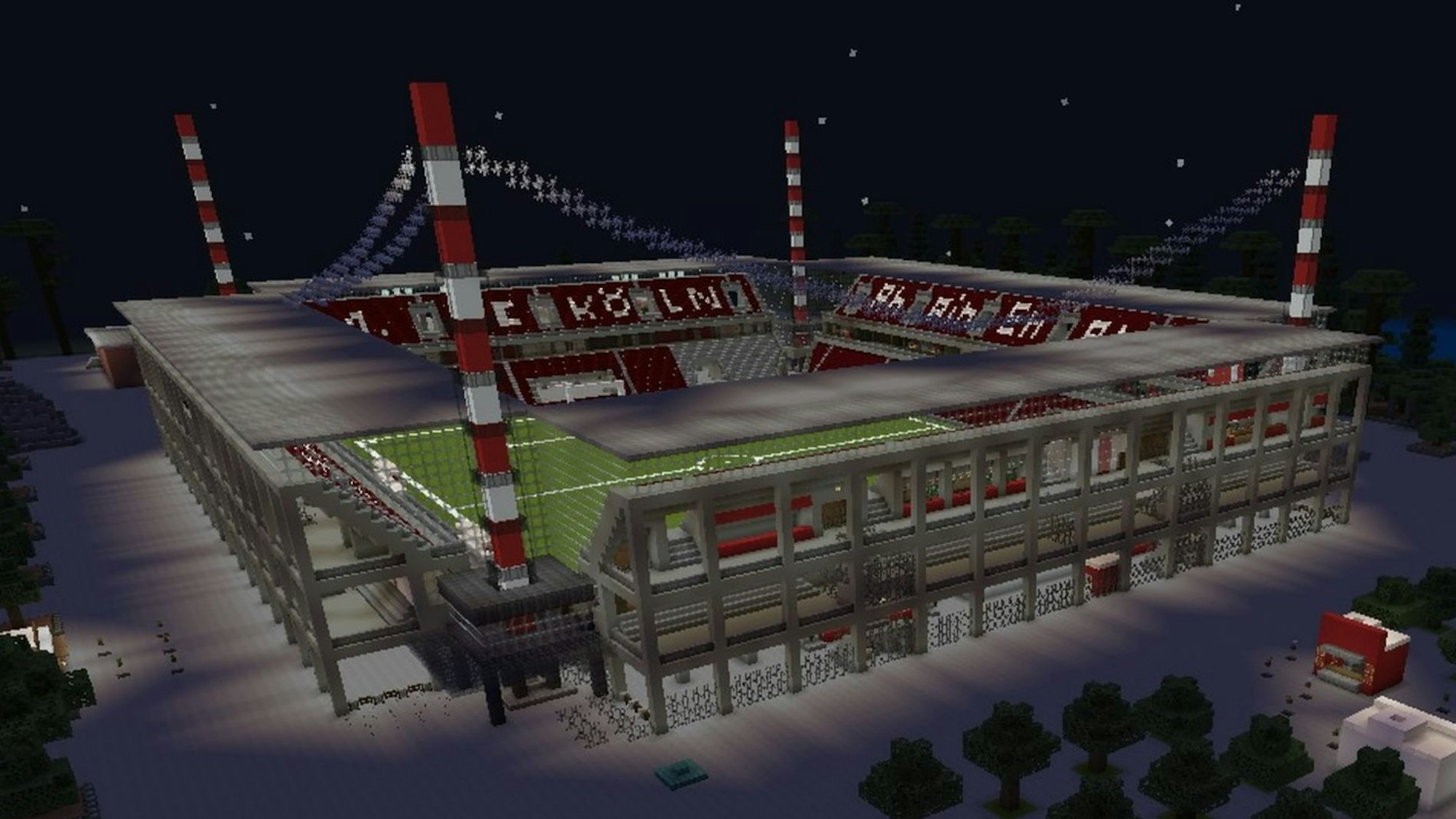 Das Rhein-Energie-Stadion, in Minecraft nachgebaut, bei Nacht.