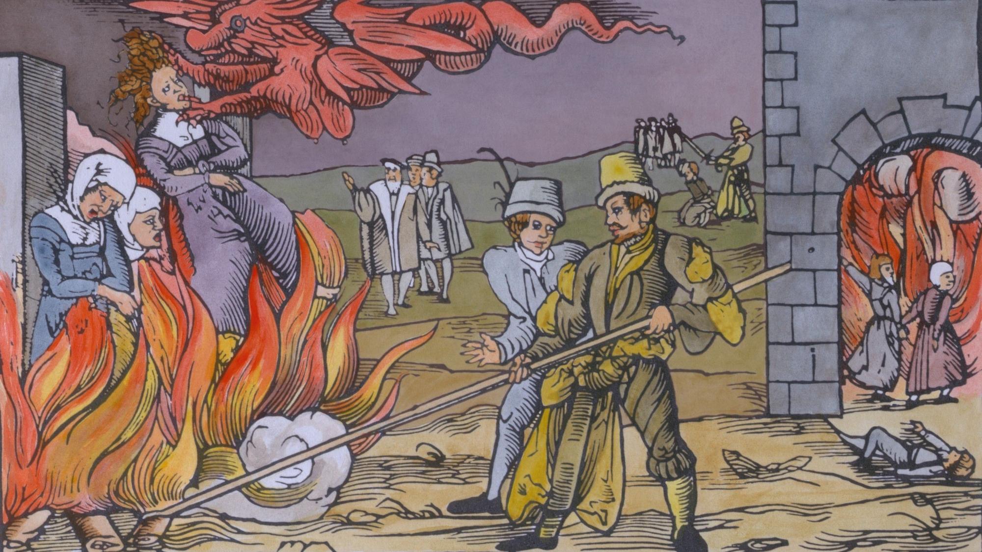 Die Zeichnung zeigt drei Frauen, die im Oktober 1555 in Derneburg als Hexen hingerichtet wurden; im 14. Jahrhundert begann in Europa die Verfolgung verdächtiger Hexen.