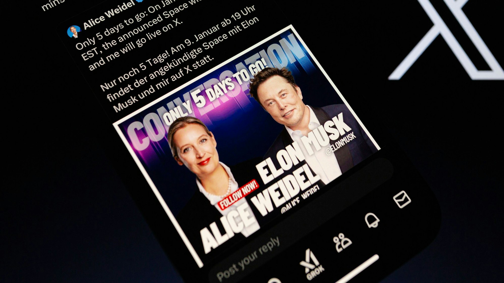 January 9, 2025, Asuncion, Paraguay: Elon Musk quoted a post before the conversation with Alice Weidel on social media platform X on Thursday, as seen on a smartphone. Asuncion Paraguay - ZUMAc217 20250109_zip_c217_005 Copyright: xAndrexM.xChangx