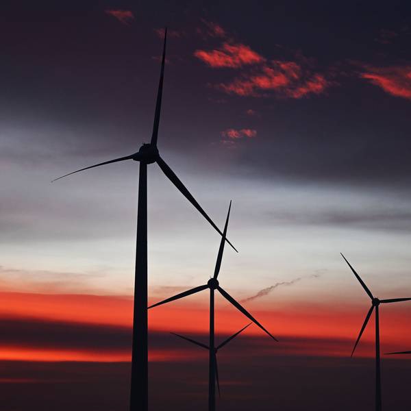 Zu sehen sind mehrere Windräder bei Sonnenaufgang.