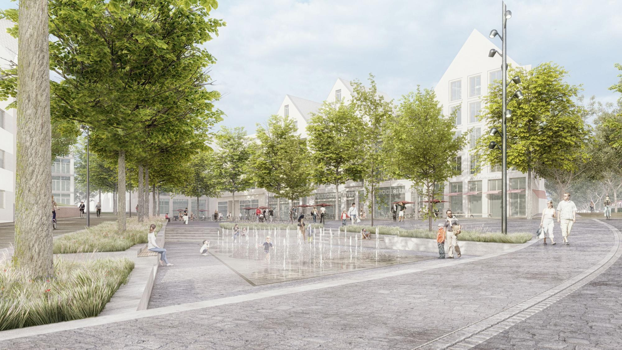 Die Visualisierung zeigt die Aufsicht auf den neuen Marktplatz/auf den Wasserspielplatz.