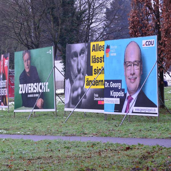 Auf dem Bild sind Wahplakate am Rand einer Straße zu sehen.