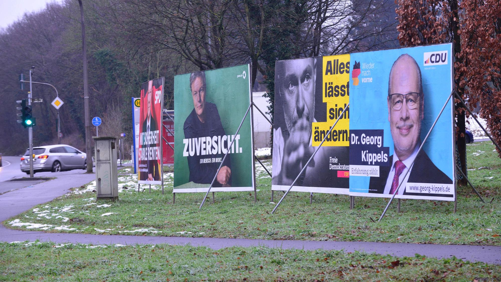 Auf dem Bild sind Wahplakate am Rand einer Straße zu sehen.