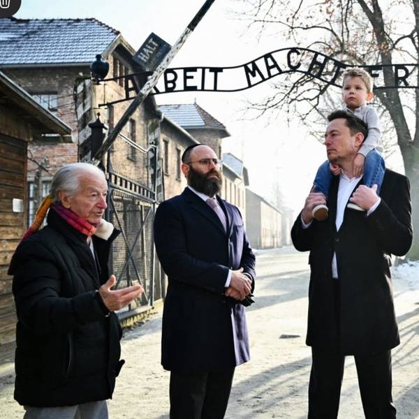 Der Holocaust-Überlebende Gidon Lev (l.), Rabbi Menachem Margolin, Elon Musk mit Sohn X AE A-XII auf den Schultern und der Autor Ben Shapiro beim Besuch in Auschwitz.