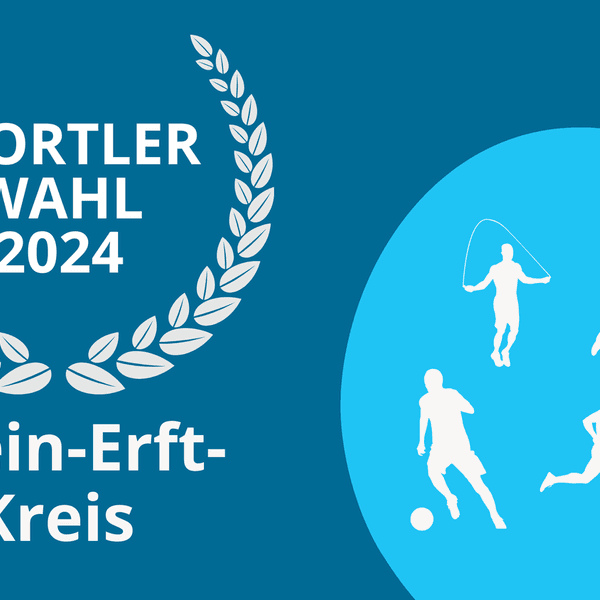 Ein Symbolbild mit einem Lorbeerkranz, mehreren Icons zu Sportarten und der Überschrift Sportlerwahl 2024 Rhein-Erft-Kreis