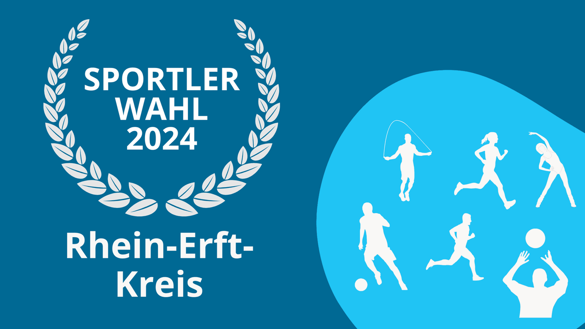 Ein Symbolbild mit einem Lorbeerkranz, mehreren Icons zu Sportarten und der Überschrift Sportlerwahl 2024 Rhein-Erft-Kreis