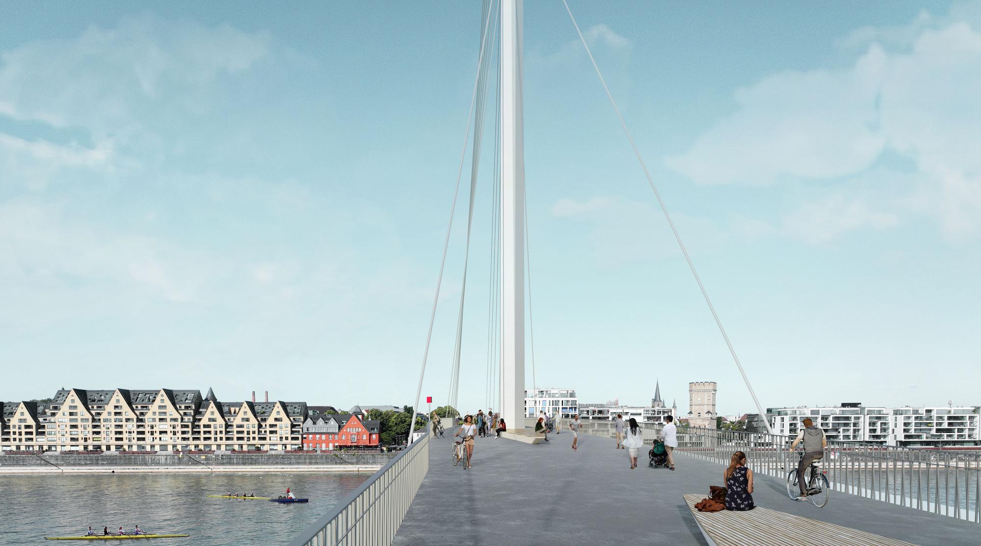 Der von der Jury ausgewählte Konzeptentwurf für die Brücke auf Höhe des Ubierrings sieht stählerne Schrägseile mit einem Pylon vor.
