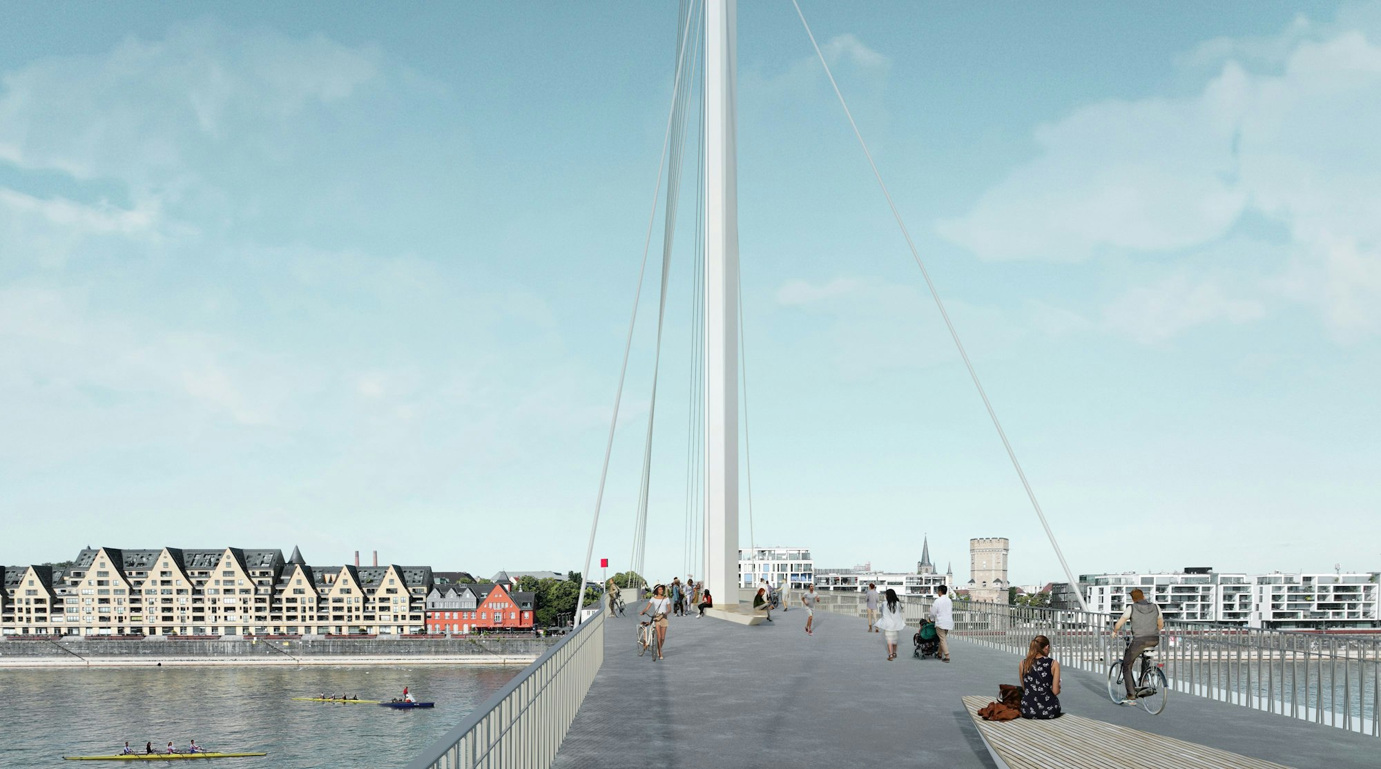 Der von der Jury ausgewählte Konzeptentwurf für die Brücke auf Höhe des Ubierrings sieht stählerne Schrägseile mit einem Pylon vor.
