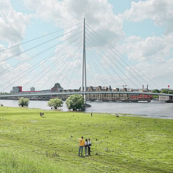 Illustration der neuen Brücke zwischen Severinsbrücke und Südbrücke mit einem großen Pfeiler in der Mitte und langen Stahlseilen.