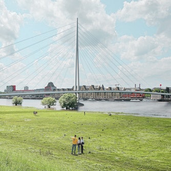 Illustration der neuen Brücke zwischen Severinsbrücke und Südbrücke mit einem großen Pfeiler in der Mitte und langen Stahlseilen.