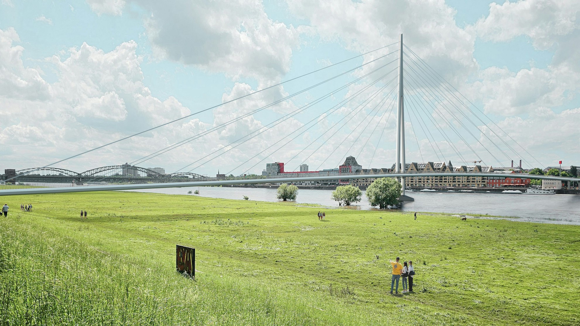 Illustration der neuen Brücke zwischen Severinsbrücke und Südbrücke mit einem großen Pfeiler in der Mitte und langen Stahlseilen.