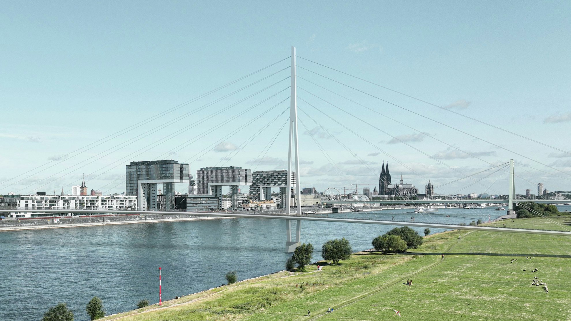 In Köln sind zwei neue Brücken für Fußgänger und Radfahrer über den Rhein geplant. So könnte die Verbindung zwischen Rheinauhafen und Deutzer Hafen aussehen.