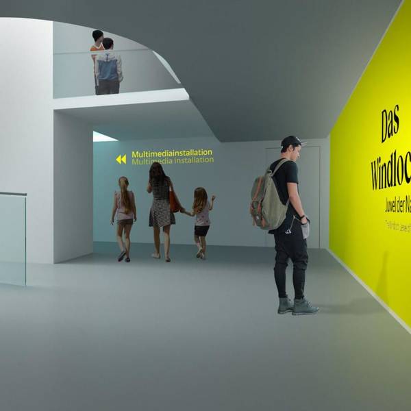 Entwürfe zum geplanten Höhlenerlebniszentrum Engelskirchen-Ründeroth des Planungsbüros Kunzberg. Die Visualisierungen zeigen Entwürfe zur Gestaltungs- und zum Farbkonzept, der geplanten Ausstellungsorts.