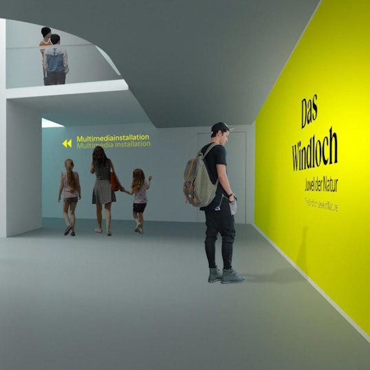 Entwürfe zum geplanten Höhlenerlebniszentrum Engelskirchen-Ründeroth des Planungsbüros Kunzberg. Die Visualisierungen zeigen Entwürfe zur Gestaltungs- und zum Farbkonzept, der geplanten Ausstellungsorts.