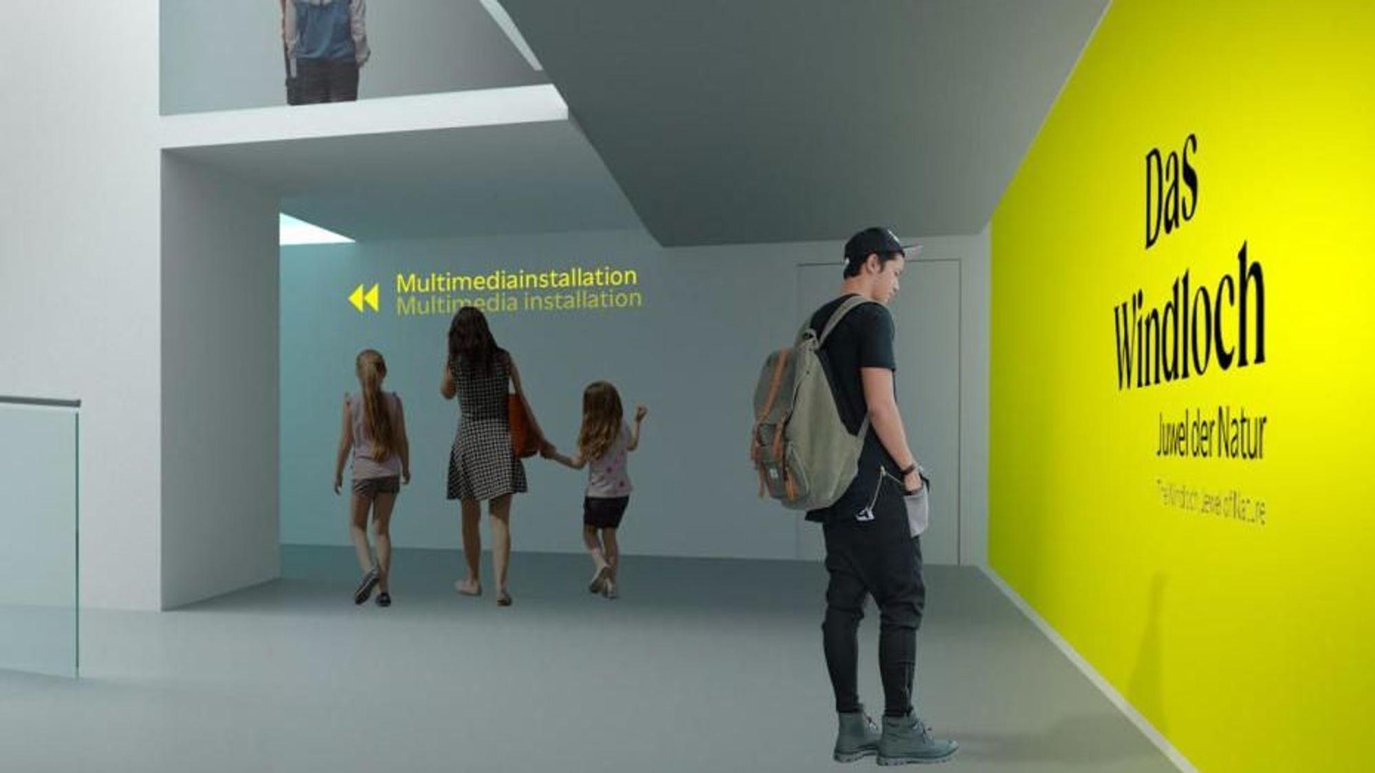 Entwürfe zum geplanten Höhlenerlebniszentrum Engelskirchen-Ründeroth des Planungsbüros Kunzberg. Die Visualisierungen zeigen Entwürfe zur Gestaltungs- und zum Farbkonzept, der geplanten Ausstellungsorts.