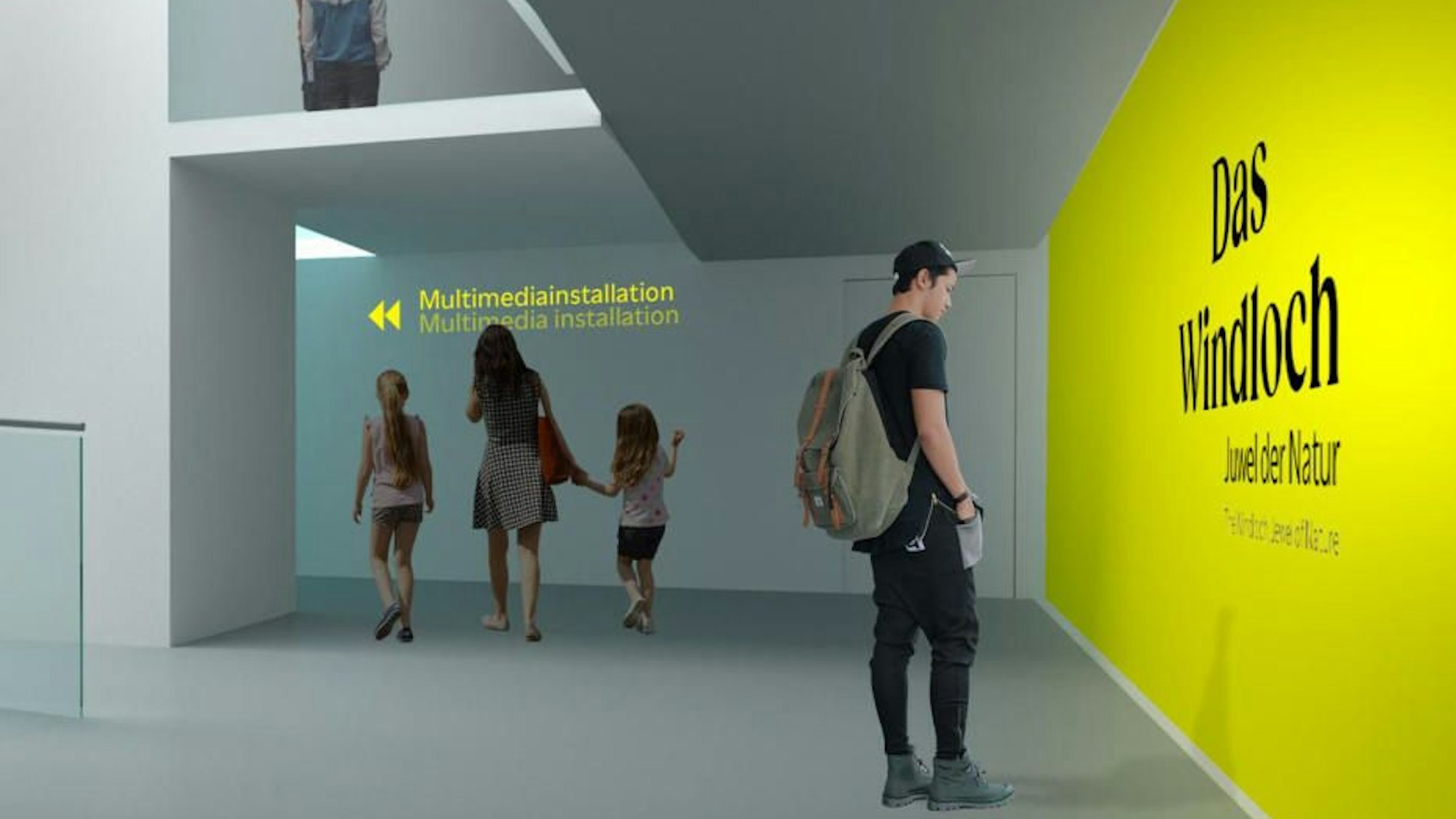 Entwürfe zum geplanten Höhlenerlebniszentrum Engelskirchen-Ründeroth des Planungsbüros Kunzberg. Die Visualisierungen zeigen Entwürfe zur Gestaltungs- und zum Farbkonzept, der geplanten Ausstellungsorts.