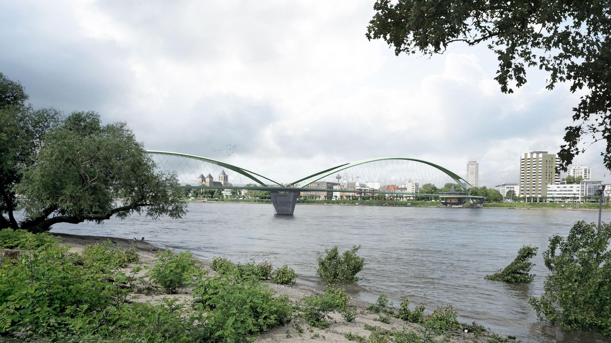 Illustration der neuen Brücke von Bastei nach Rheinpark mit zwei Brückenbögen.