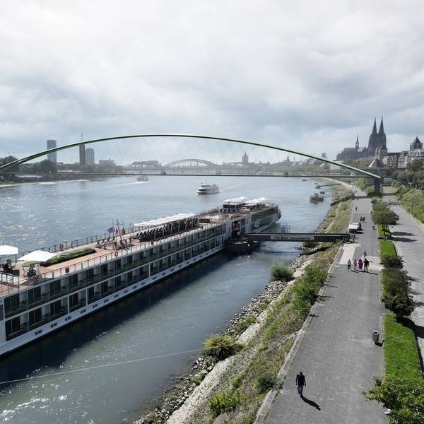 Diese Visualisierung zeigt die Rad- und Gehwegbrücke über den Rhein in Köln.