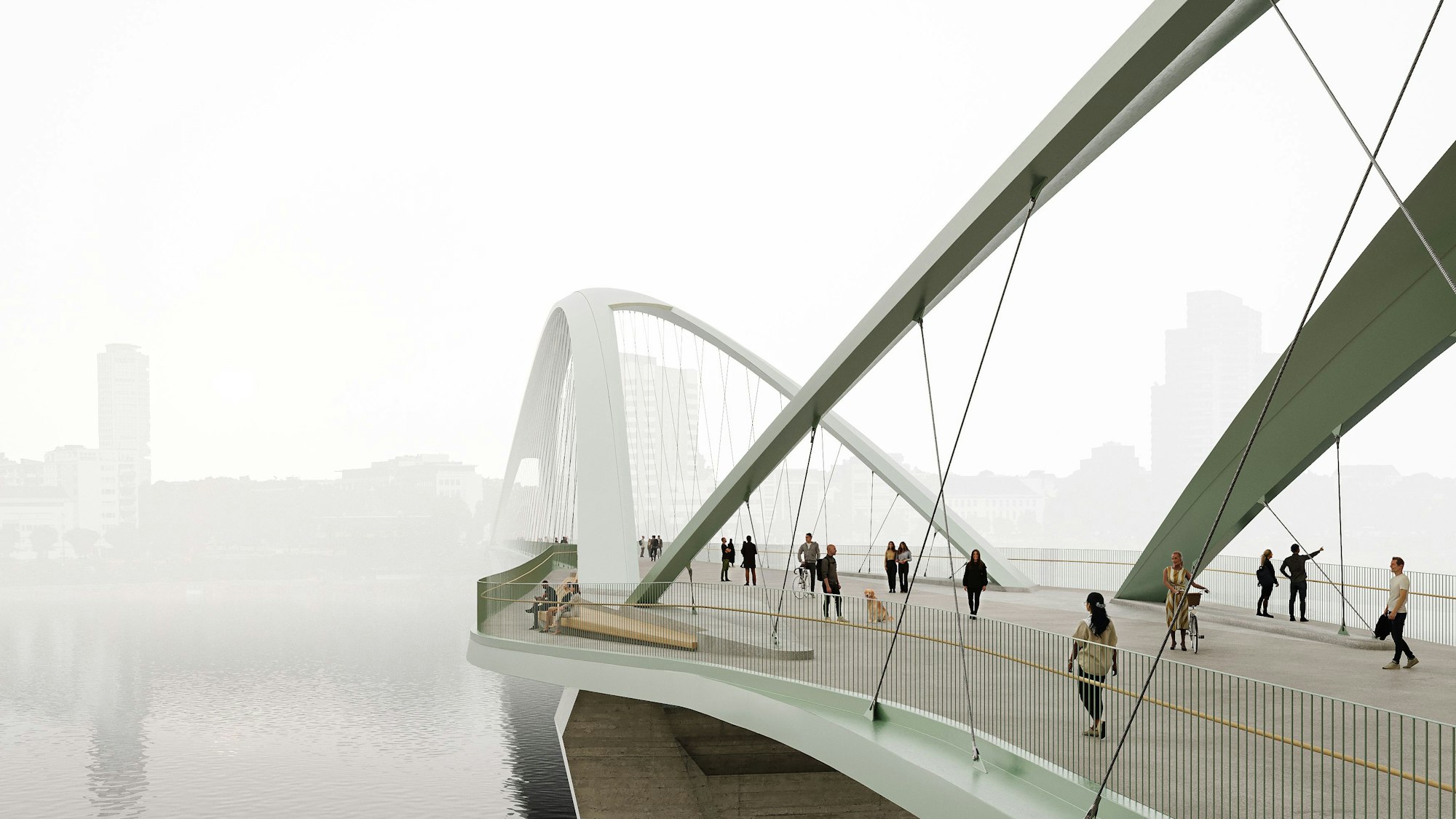 Visualisierung Rad- und Gehwegbrücken über den Rhein in Köln. Höhe Bastei. Der Siegerentwurf für die nördliche Brücke auf Höhe der Bastei sieht eine schlanke Netzwerkbogenbrücke mit zwei Bögen vor. Breite Rampen führen vom Theodor-Heuss-Ring und Rheinpark auf die Brücke hinauf. Die minimalistischen, schlanken Stahlstützen der Brücke nehmen damit das Design der Pavillonarchitektur des Rheinparks auf und beeinträchtigen das Gesamtbild des denkmalgeschützten Parks nicht.