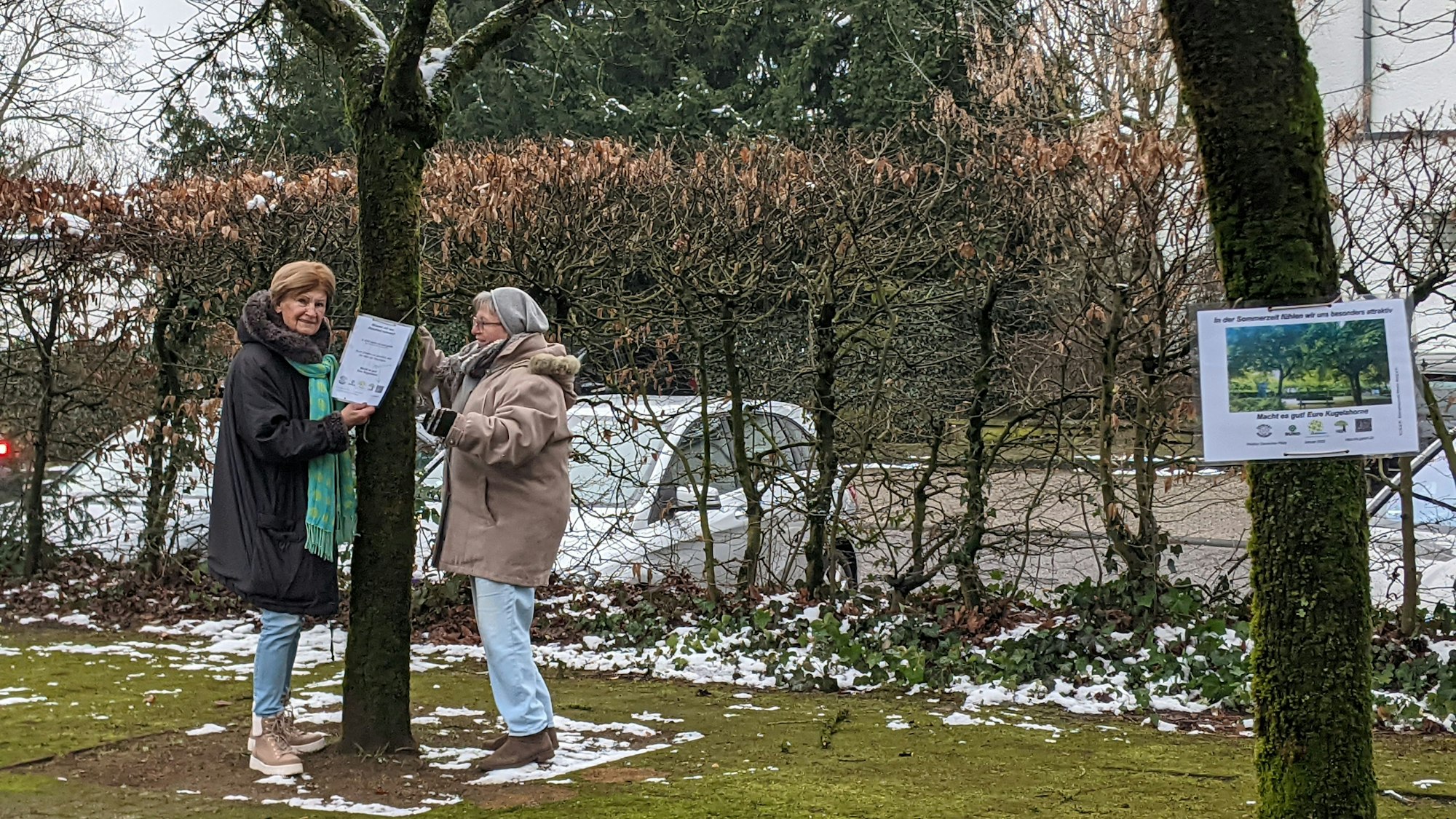Zwei Frauen heften ein Schild an einen Baum.