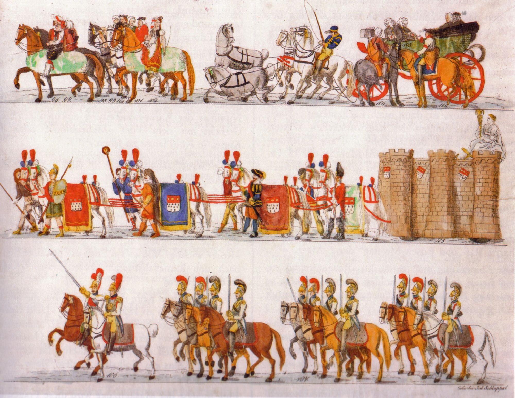 Maskenzug 1825 (1), einer der ersten Kölner Karnevalsumzüge. Aus der Grafischen Sammlung des Kölner Stadtmuseum. Foto:
Jodocus Schlappal /Kölner Stadtmuseum/public domain/gemeinfrei
