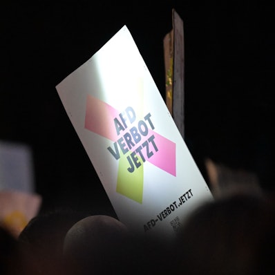 „AfD Verbot jetzt“ steht auf einem Schild auf einer Demonstration.