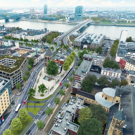 Visualisierungen des gemeinsamen Plans von CDU, SPD und FDP für die Ost-West-Achse am Elogiusplatz.