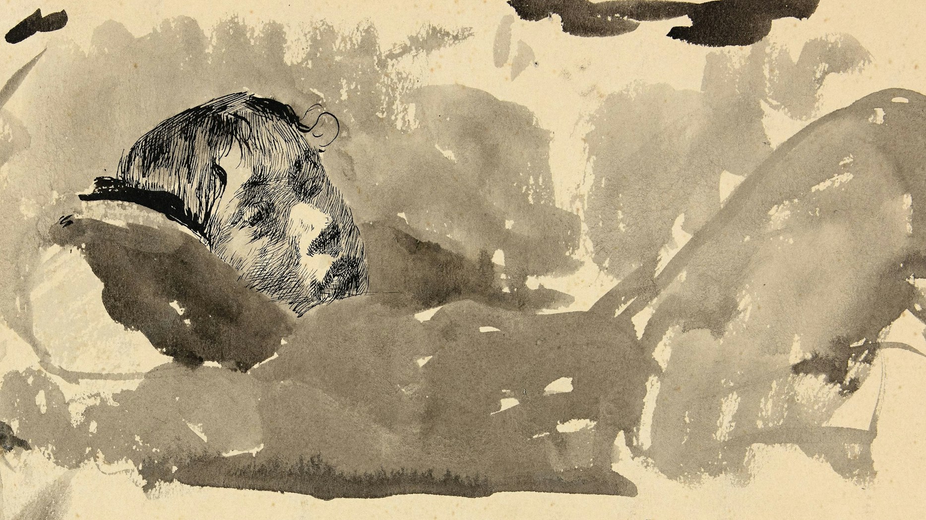 Der Kopf eines Mädchens ist zwischen Tuschflecken zu sehen.