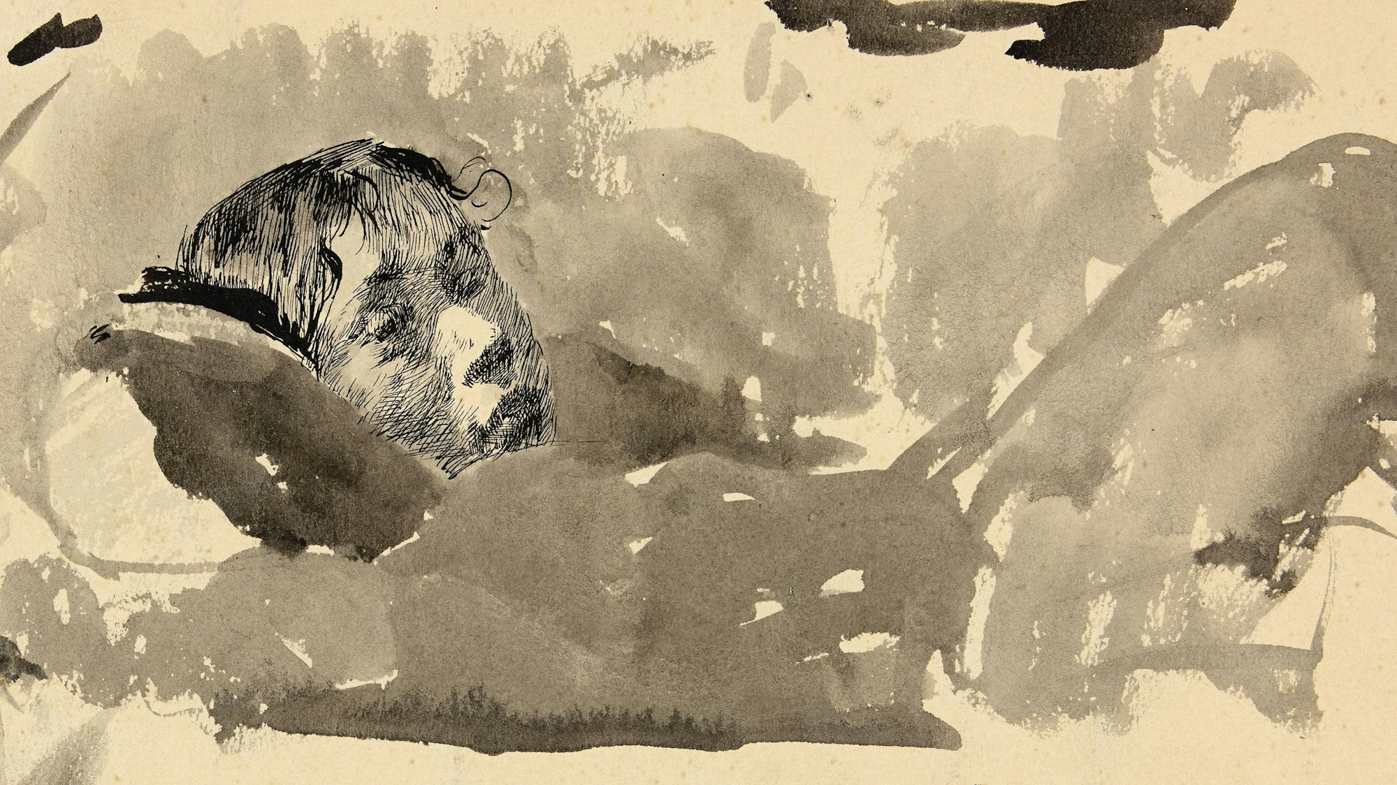 Der Kopf eines Mädchens ist zwischen Tuschflecken zu sehen.