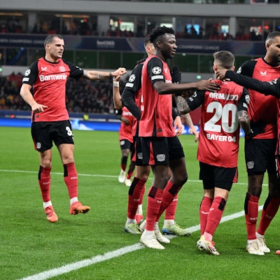 29.01.2025, Nordrhein-Westfalen, Leverkusen: Fußball: Champions League, Bayer Leverkusen - Sparta Prag, Vorrunde, 8. Spieltag, in der BayArena, Leverkusens Nathan Tella bejubelt sein Tor zum 2:0. Foto: Federico Gambarini/dpa +++ dpa-Bildfunk +++