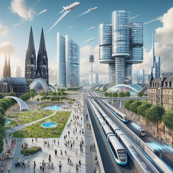 Ziemlich viele Flugzeuge umkreisen den Kölner Dom in der Zukunft – zumindest wenn es nach der KI von Microsoft geht.