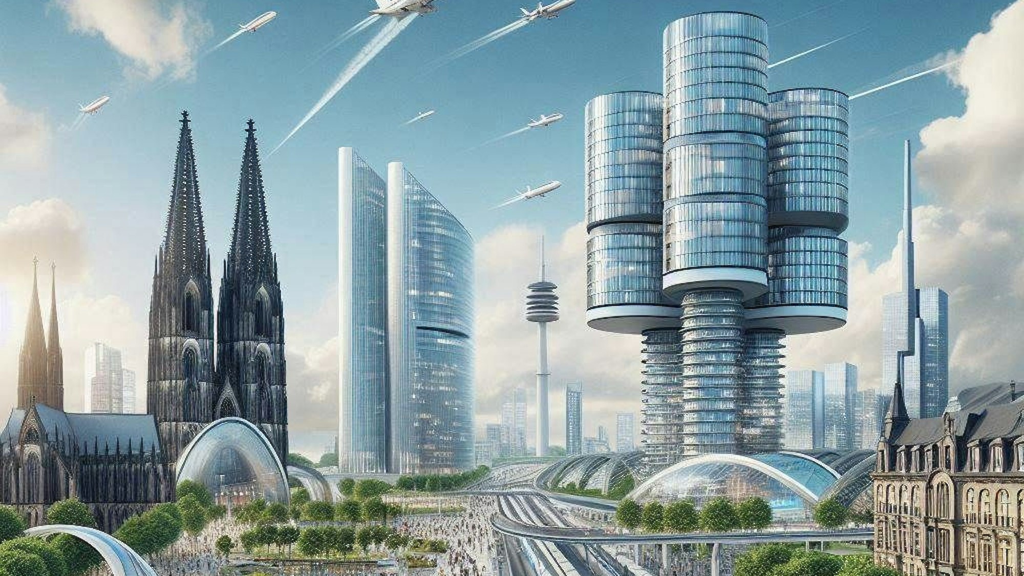 Ziemlich viele Flugzeuge umkreisen den Kölner Dom in der Zukunft – zumindest wenn es nach der KI von Microsoft geht.