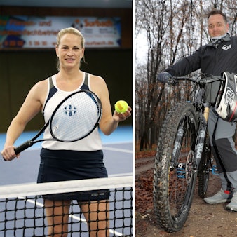 Jungfrau Steffi (Stephanie Müller) beim Tennisspielen, Prinz Christian I. (Althaus) auf dem Mountainbike und Bauer Michael (Schlaeger) an seinem Flipper.
